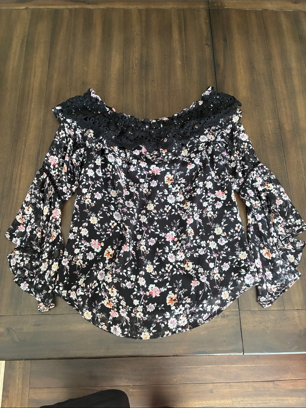 White House Black Market Black Floral Off-Shoulder Lace Trim Blouse